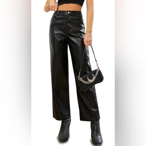 Versona Black Wide Leg Vegan Leather Pants‎